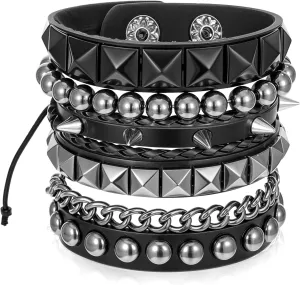 4 Pcs Punk Rock Leather Studded Bracelets Spiked Cuff Rivet Bracelet for Men Women Wristband Adjustable Wrap Bangle Snap Button Wrist Vintage Chain for Halloween Party Favors Accessories