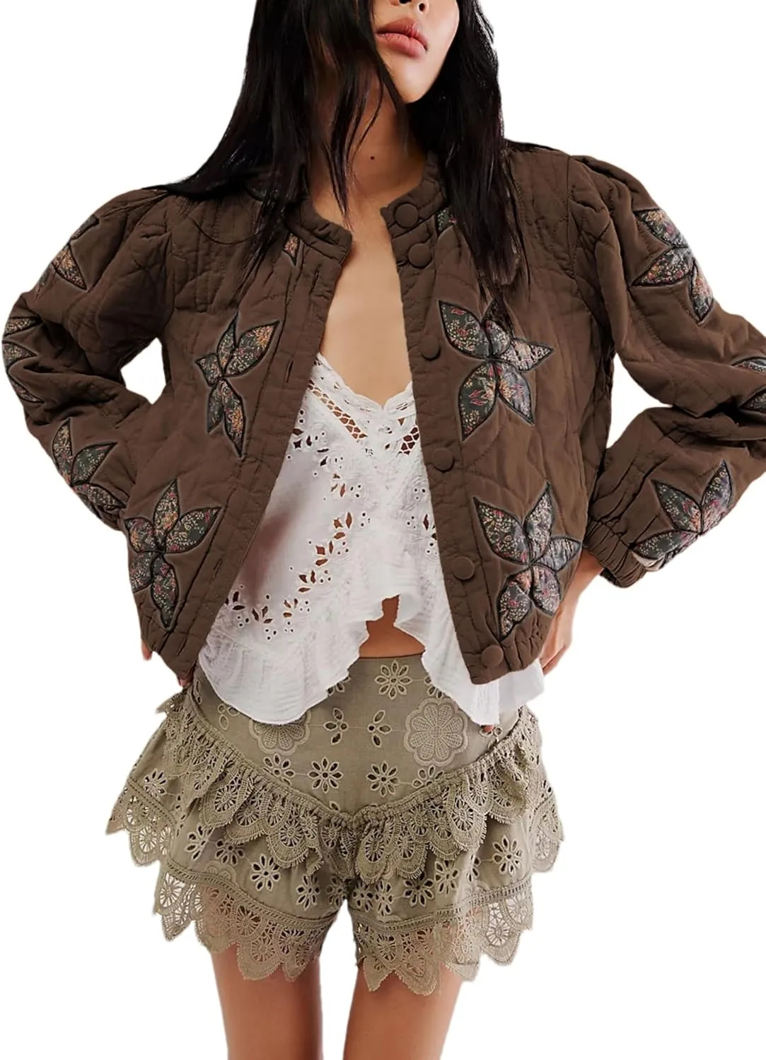 Aimiray Women's Cropped Floral Quilted Puffer Jackets 3D Printed Lightweight Button Padded Coats with Pockets(Coffee-XS)
