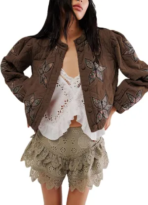 Aimiray Women's Cropped Floral Quilted Puffer Jackets 3D Printed Lightweight Button Padded Coats with Pockets(Coffee-XS)