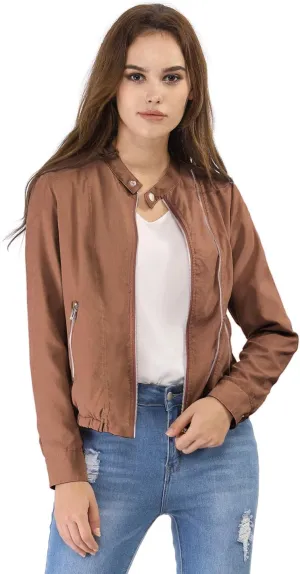 Allegra K Women's Lightweight Classic Casual Stand Collar Pocket Short Biker Moto Jacket