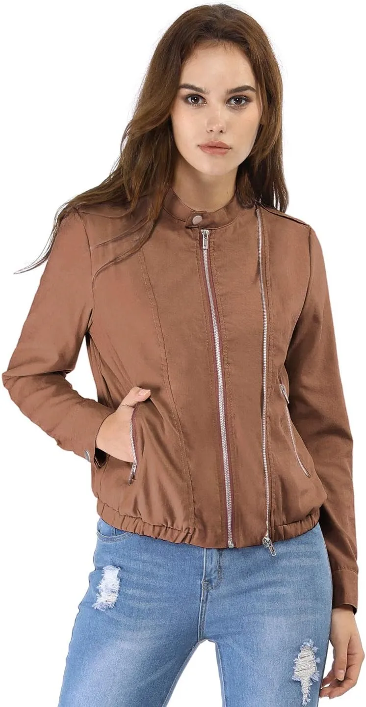 Allegra K Women's Lightweight Classic Casual Stand Collar Pocket Short Biker Moto Jacket