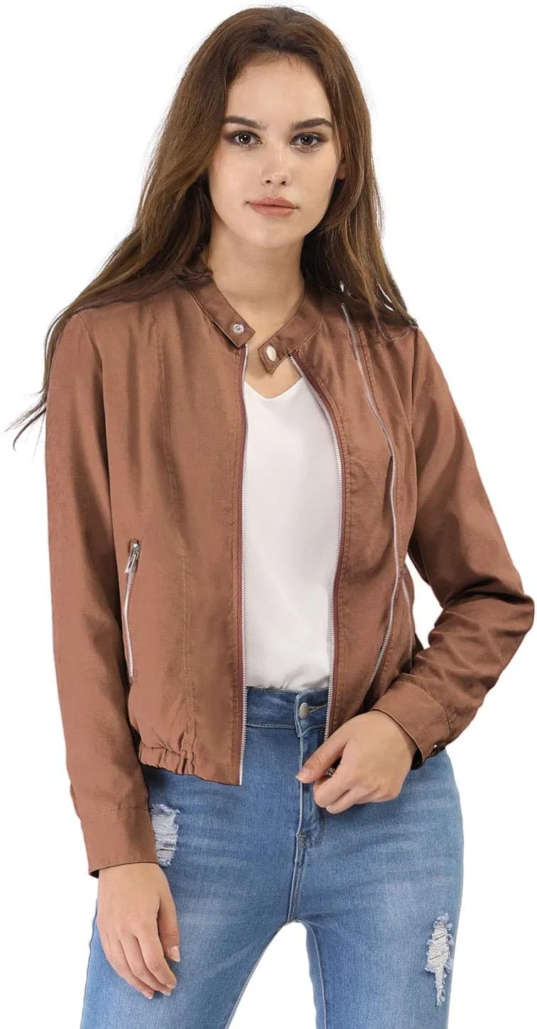 Allegra K Women's Lightweight Classic Casual Stand Collar Pocket Short Biker Moto Jacket