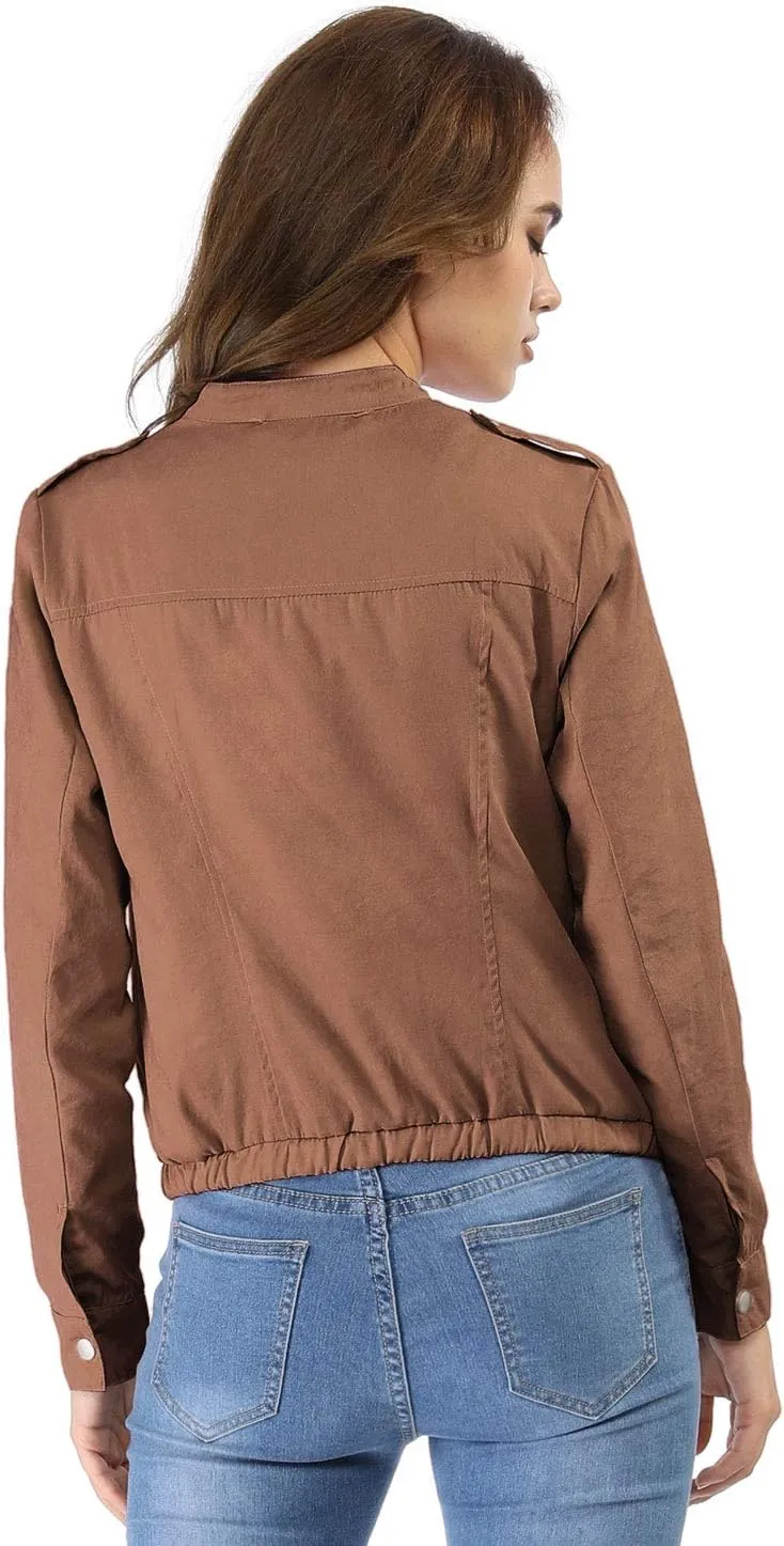Allegra K Women's Lightweight Classic Casual Stand Collar Pocket Short Biker Moto Jacket