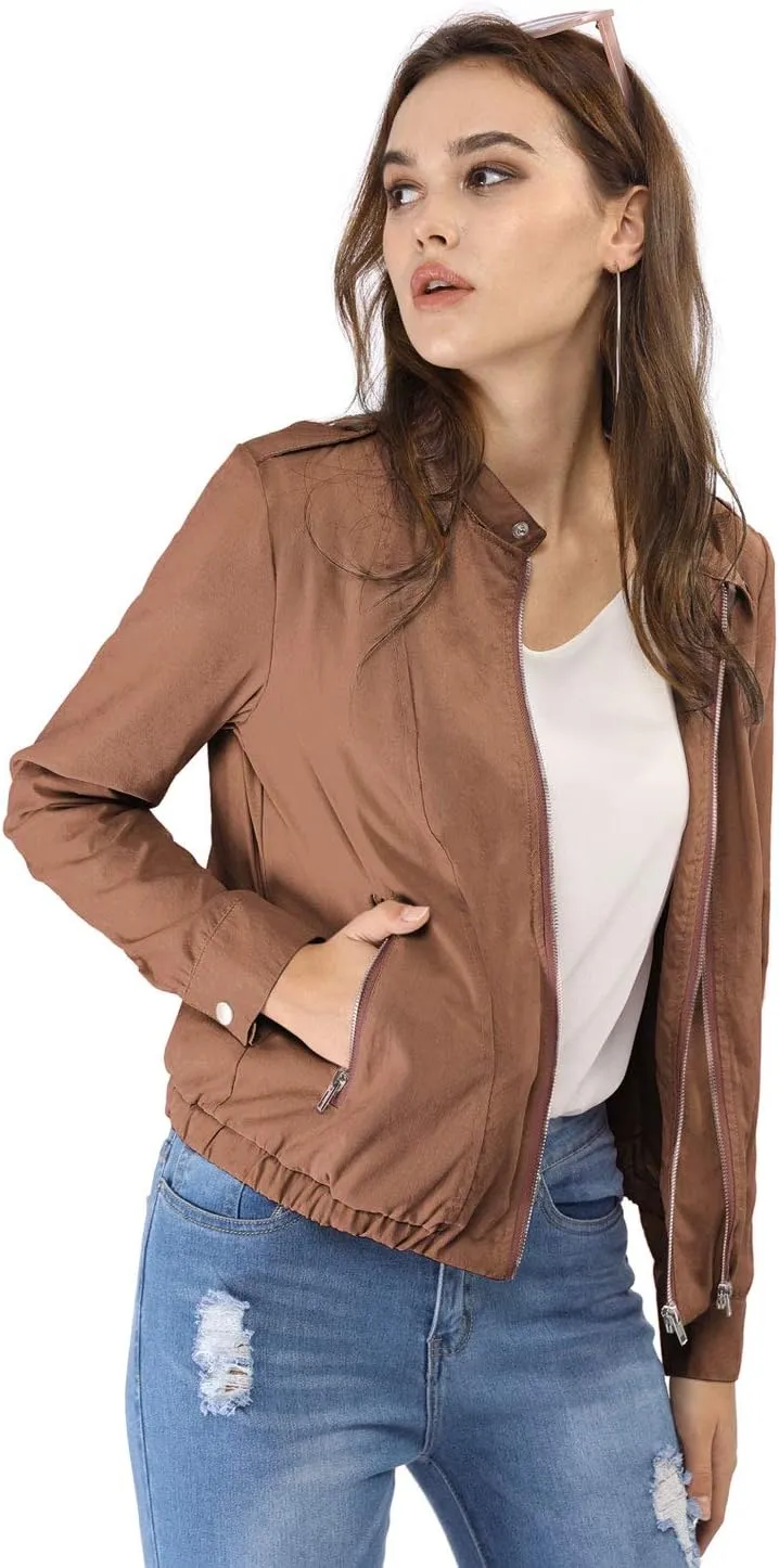 Allegra K Women's Lightweight Classic Casual Stand Collar Pocket Short Biker Moto Jacket