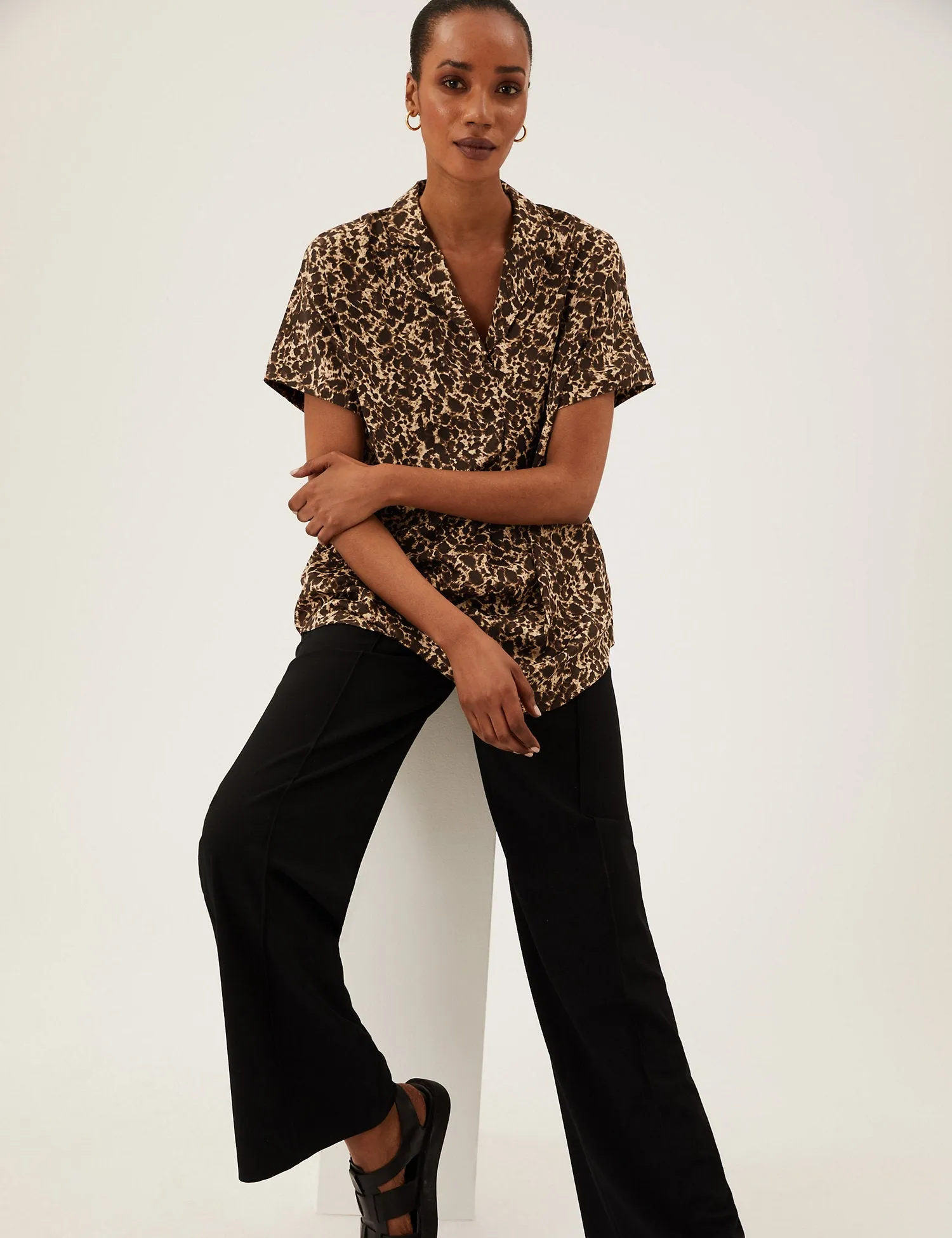 Animal Print Short Sleeve Popover Blouse