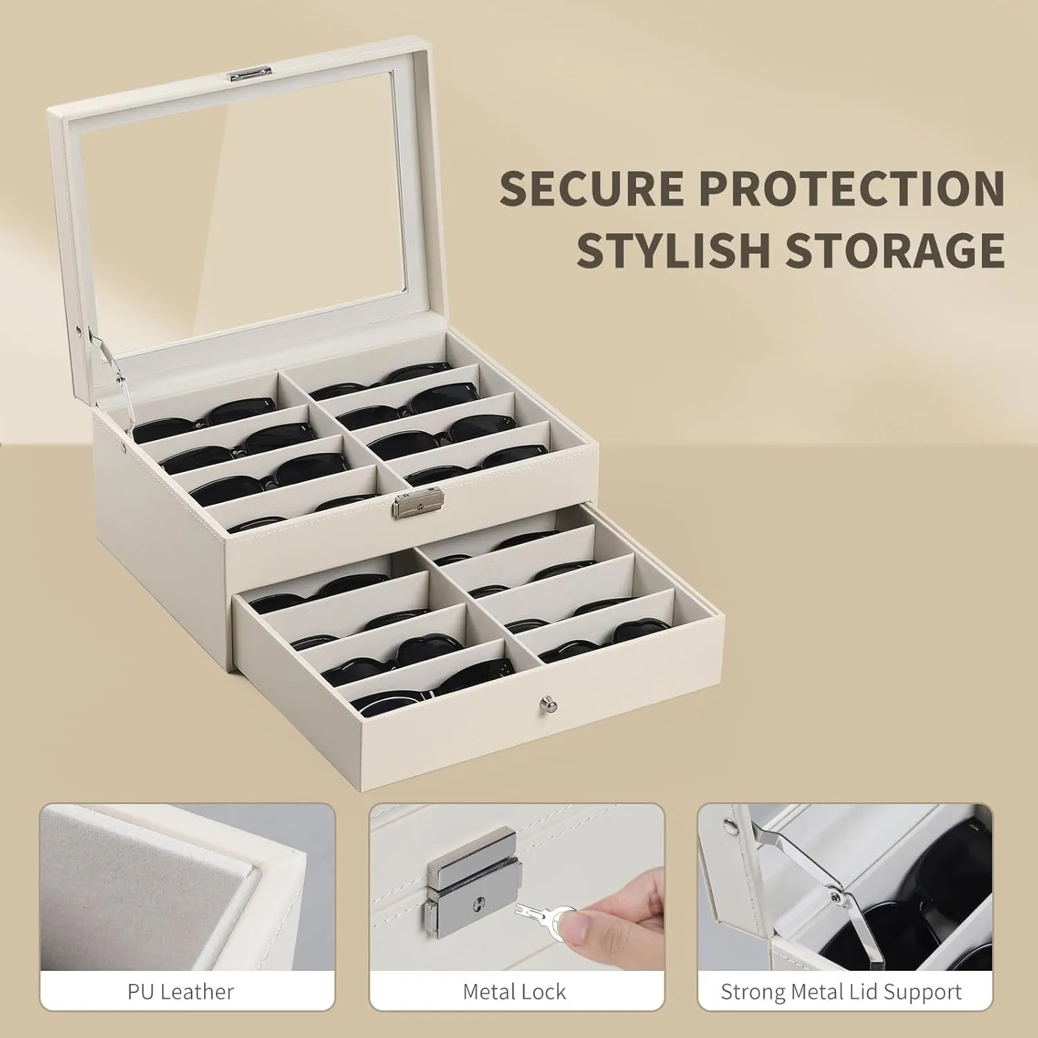 AUTOARK Leather 16 Piece Eyeglasses Storage and Sunglass Glasses Display Drawer Lockable Case Organizer,Beige,MKAW203