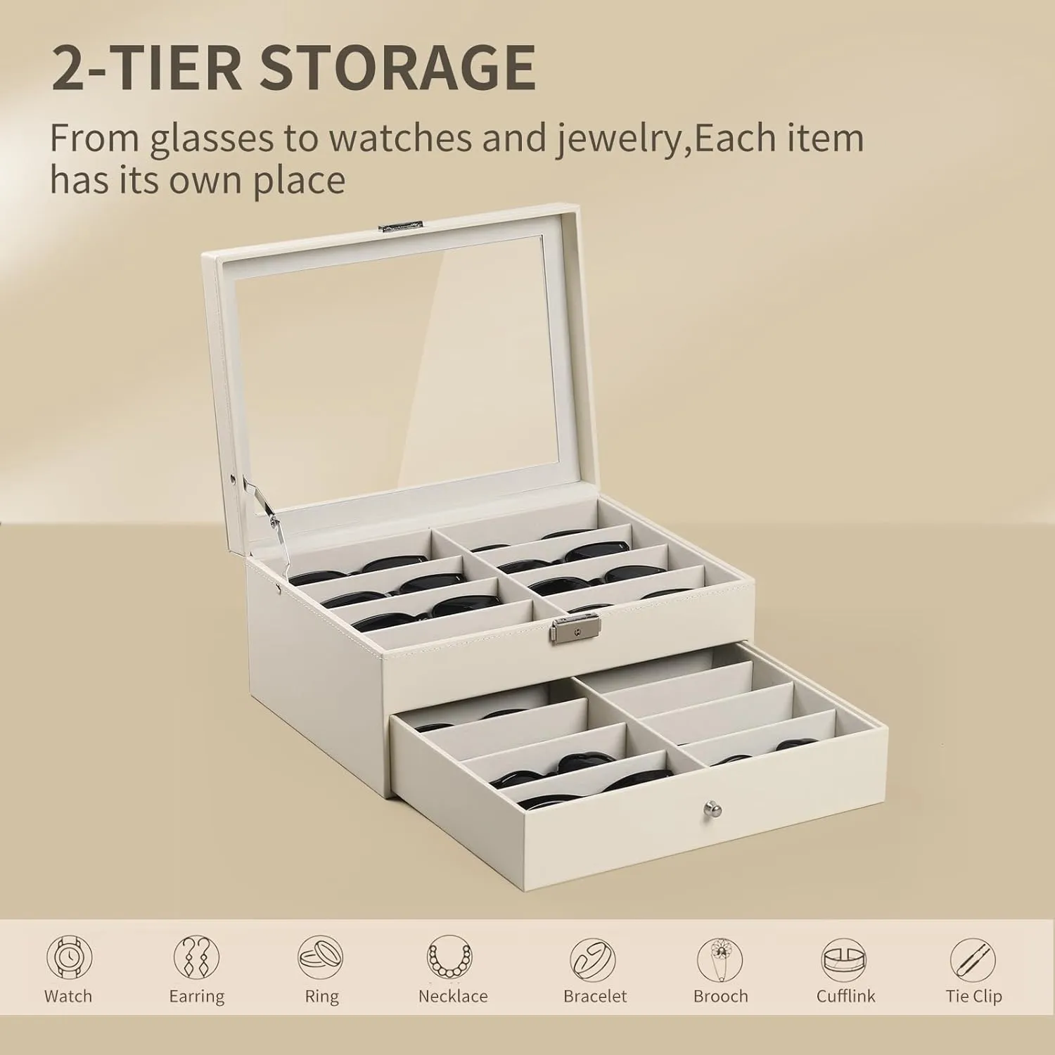 AUTOARK Leather 16 Piece Eyeglasses Storage and Sunglass Glasses Display Drawer Lockable Case Organizer,Beige,MKAW203