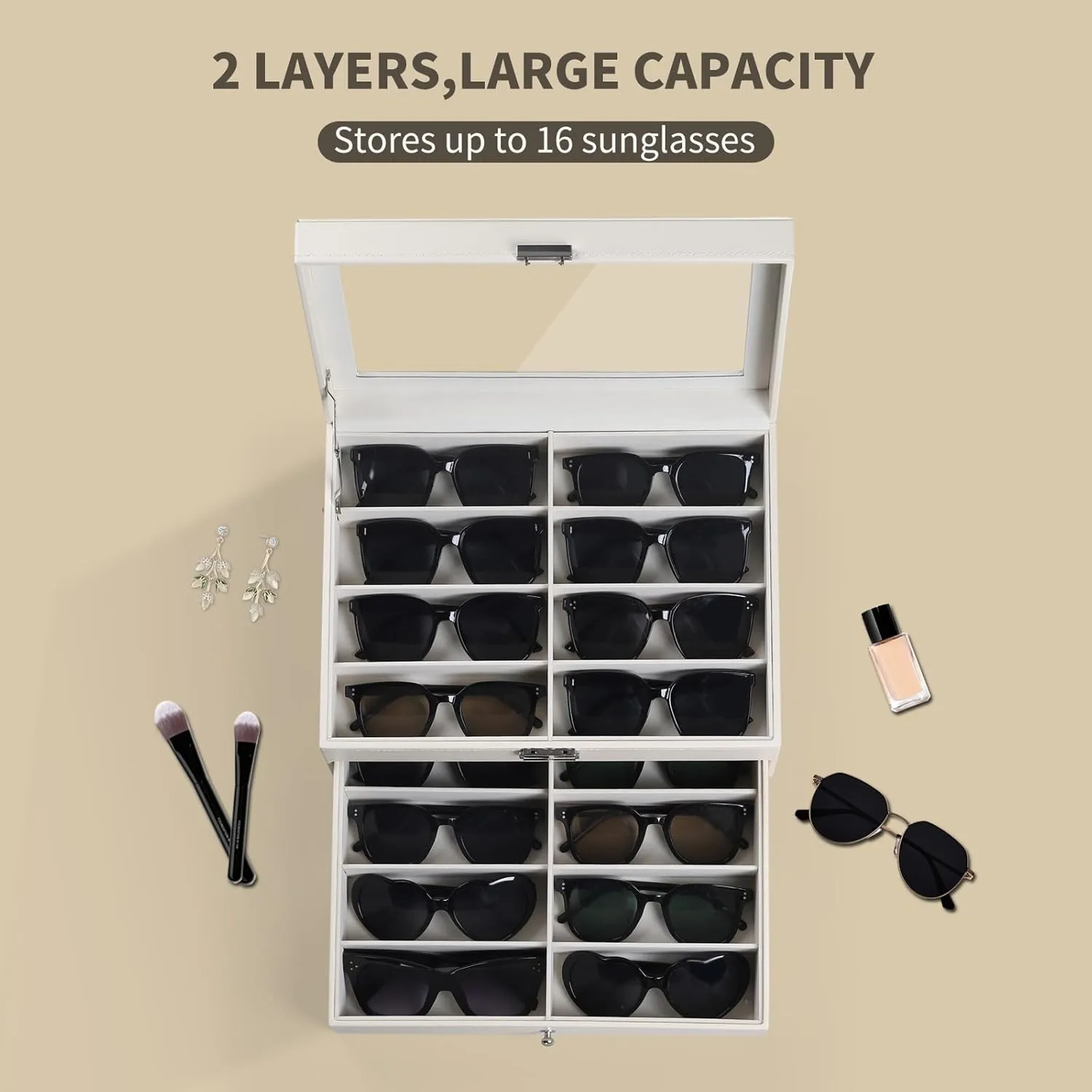 AUTOARK Leather 16 Piece Eyeglasses Storage and Sunglass Glasses Display Drawer Lockable Case Organizer,Beige,MKAW203