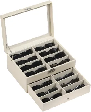 AUTOARK Leather 16 Piece Eyeglasses Storage and Sunglass Glasses Display Drawer Lockable Case Organizer,Beige,MKAW203