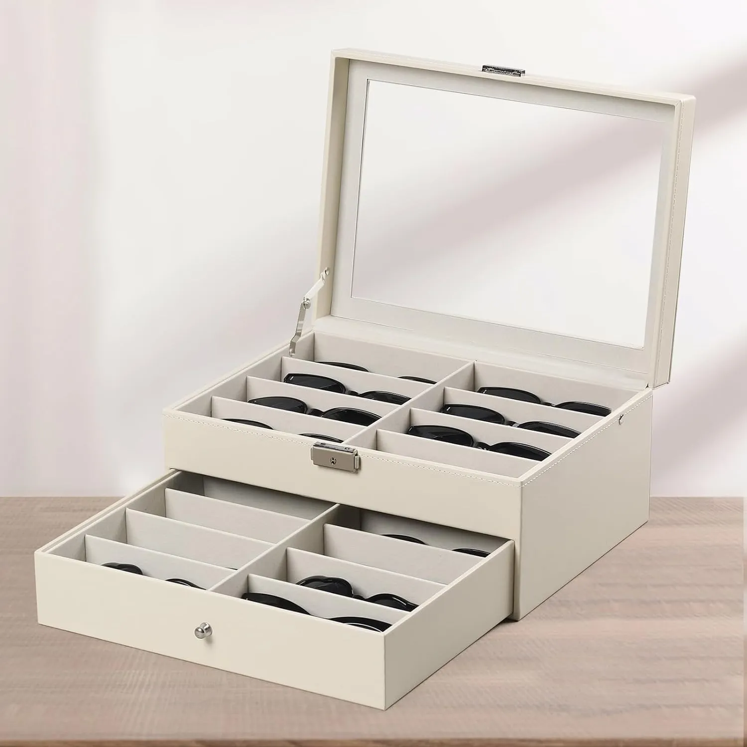 AUTOARK Leather 16 Piece Eyeglasses Storage and Sunglass Glasses Display Drawer Lockable Case Organizer,Beige,MKAW203