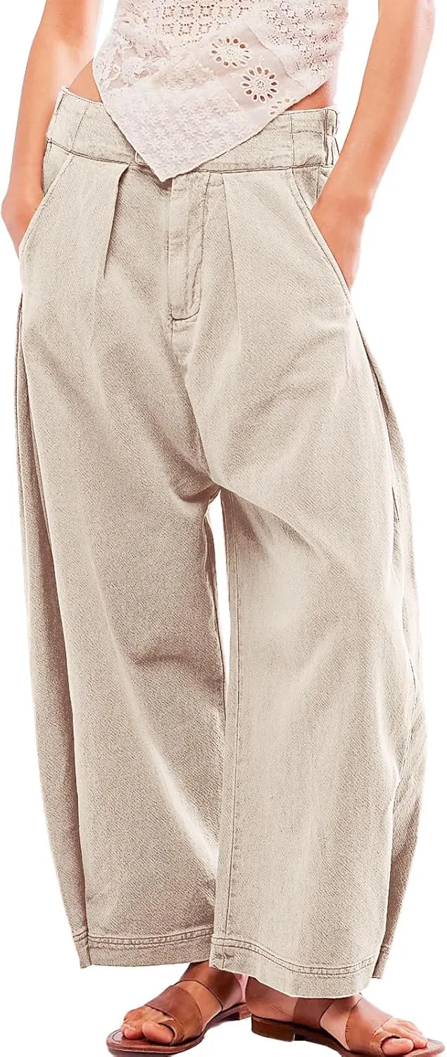 Baggy Barrel Horseshoe Pants for Women Trendy Mid Waist Wide Leg Ankle Pants Vintage Y2k Loose Pants Streetwear Beige S