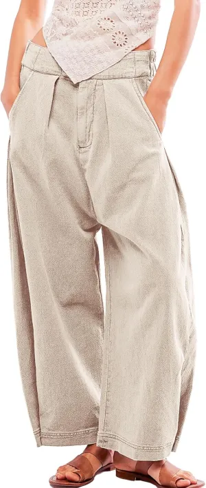 Baggy Barrel Horseshoe Pants for Women Trendy Mid Waist Wide Leg Ankle Pants Vintage Y2k Loose Pants Streetwear Beige S