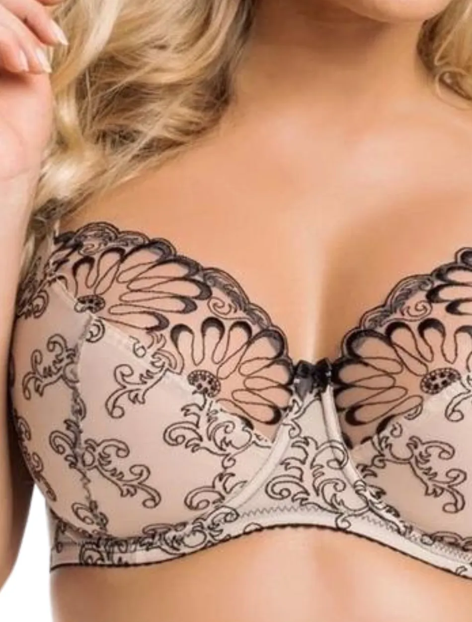 Bras and Honey Tattoo Underwire Bras Sizes 30-38 | Beige & Black Full Cup Lace Bras | Beige Floral Lace Bras
