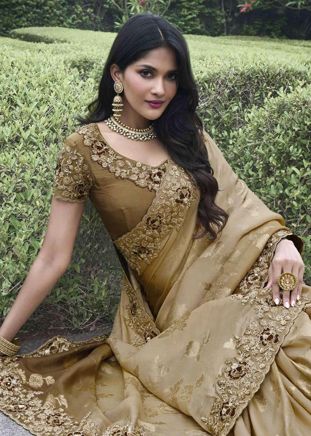 Brown Viscose Silk Embroidered Designer Wedding Saree