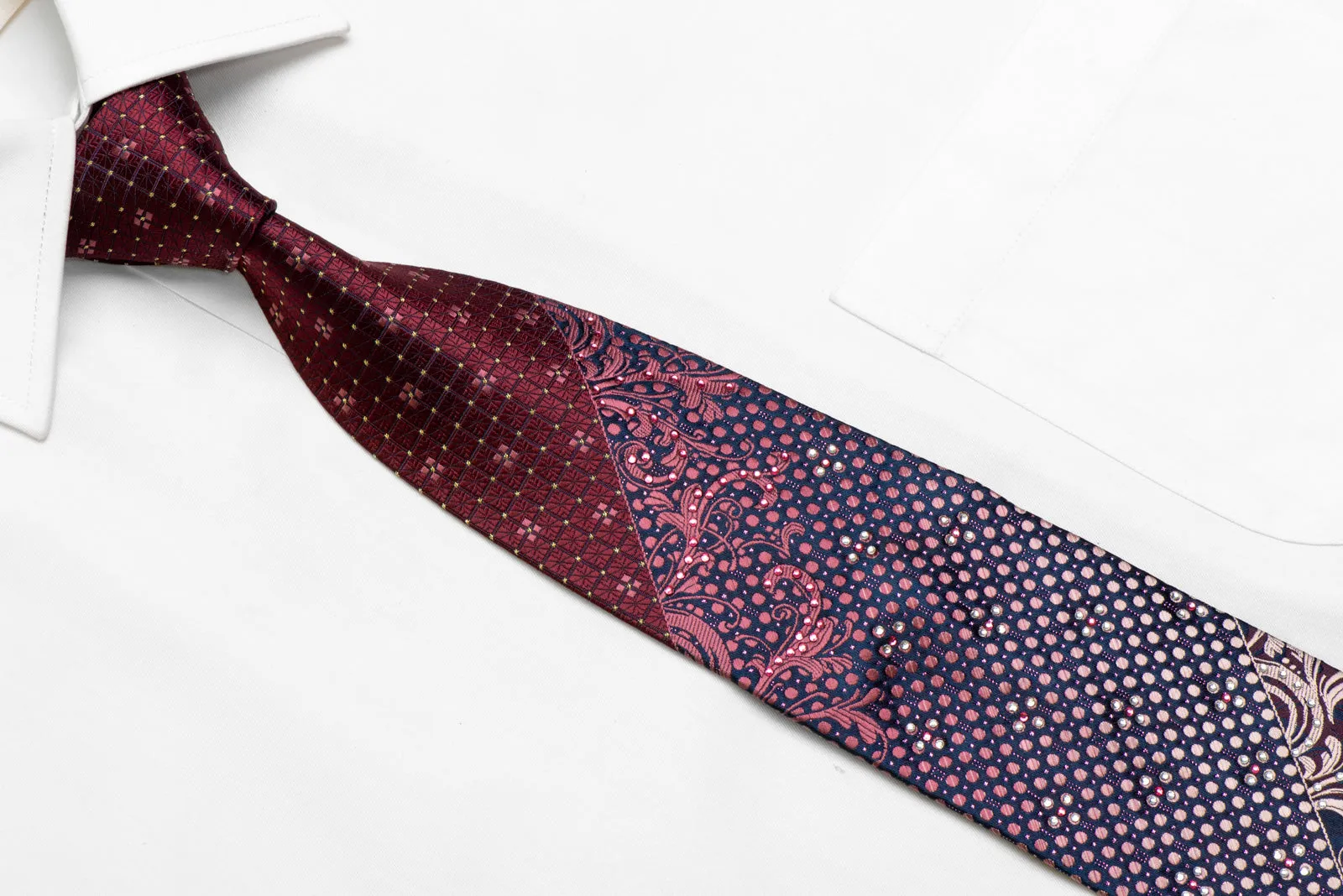 Burgundy Trellis Acanthus Scrolls On Navy Rhinestone Silk Necktie With Gold Sparkles