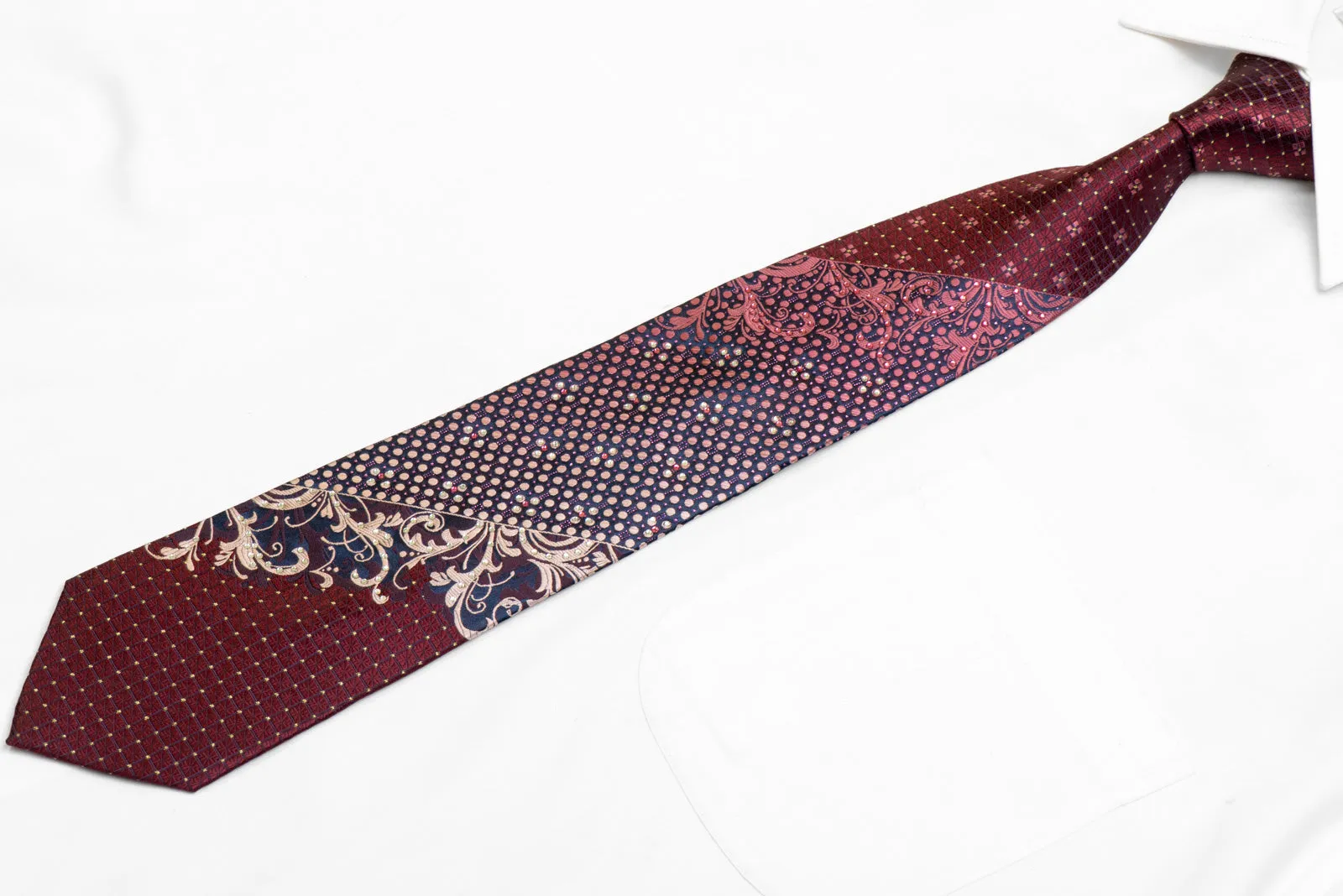 Burgundy Trellis Acanthus Scrolls On Navy Rhinestone Silk Necktie With Gold Sparkles