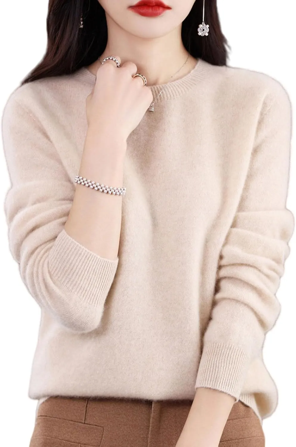 Cashmere Sweater for Women - Crew Neck Long Sleeve Soft Pullover
