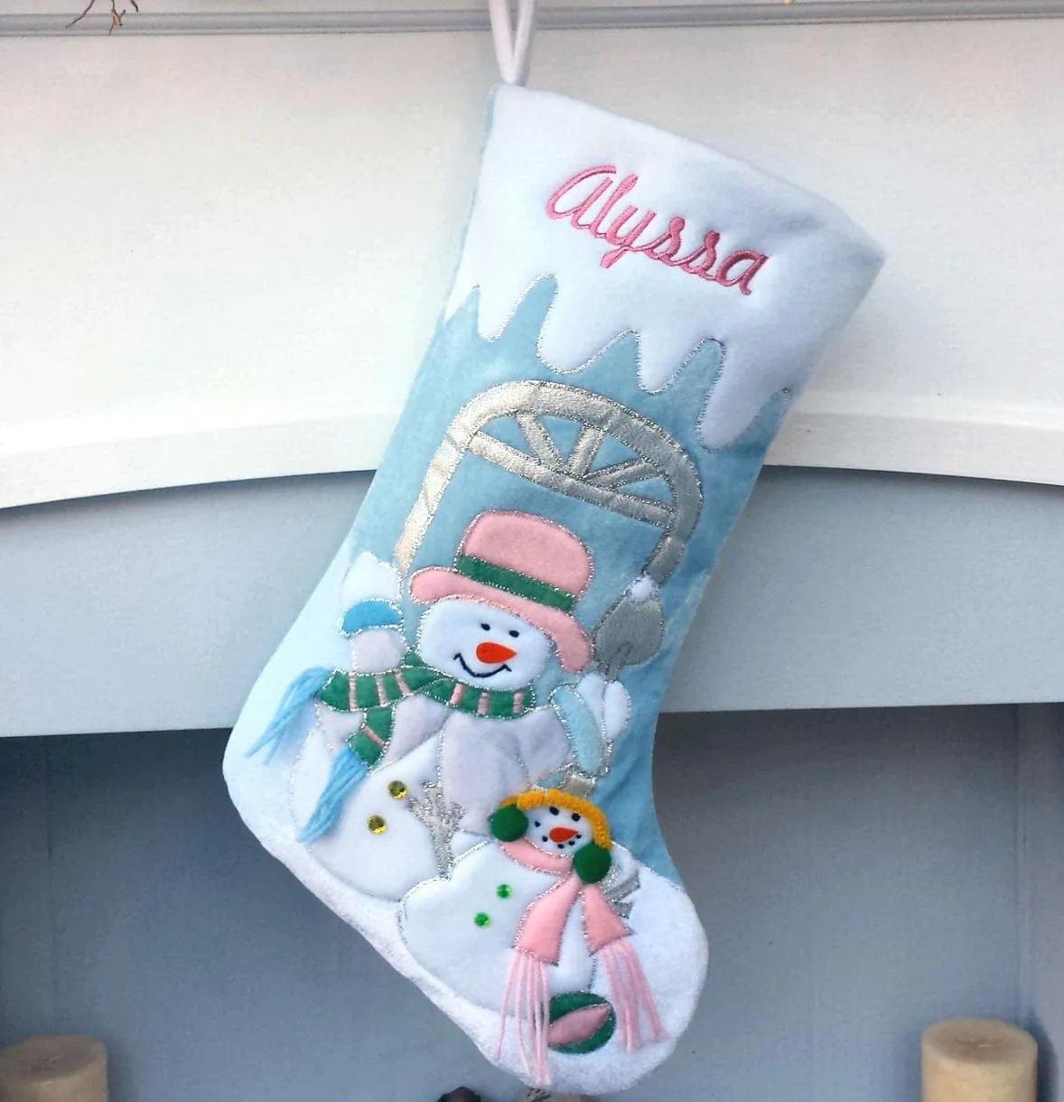 Children's Large Christmas Snowman Personalized stocking with Melting Ice Cuff