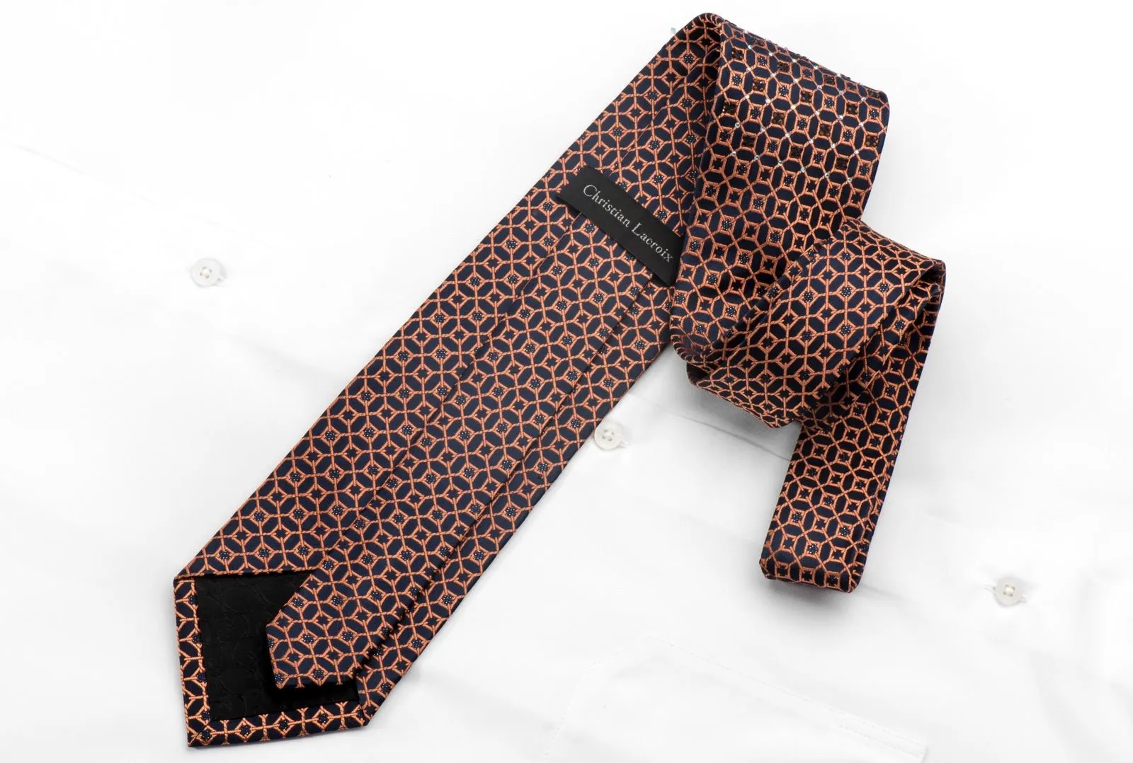 Christian Lacroix Men's Rhinestone Silk Necktie Orange Trellis On Navy With Silver Sparkles