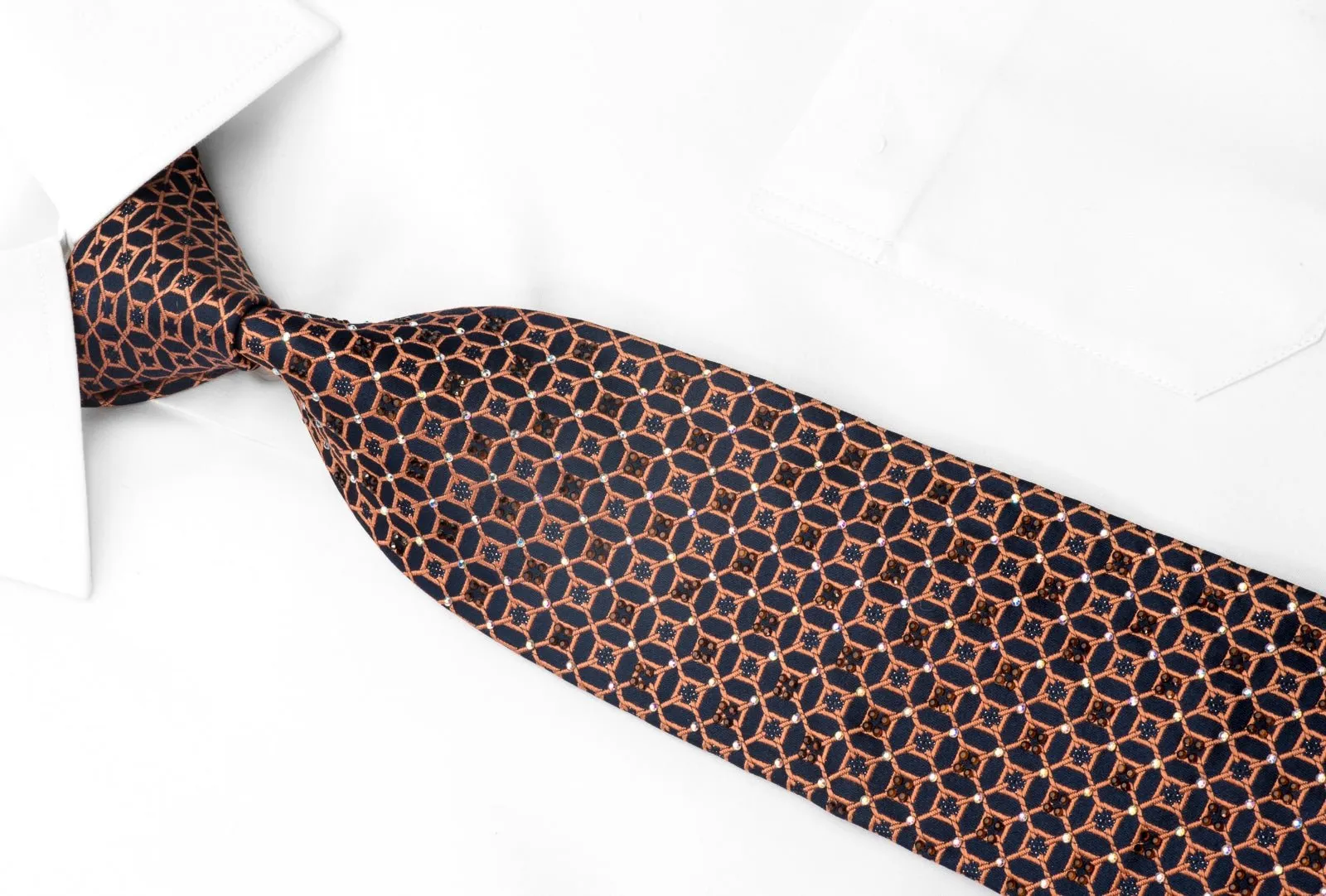 Christian Lacroix Men's Rhinestone Silk Necktie Orange Trellis On Navy With Silver Sparkles