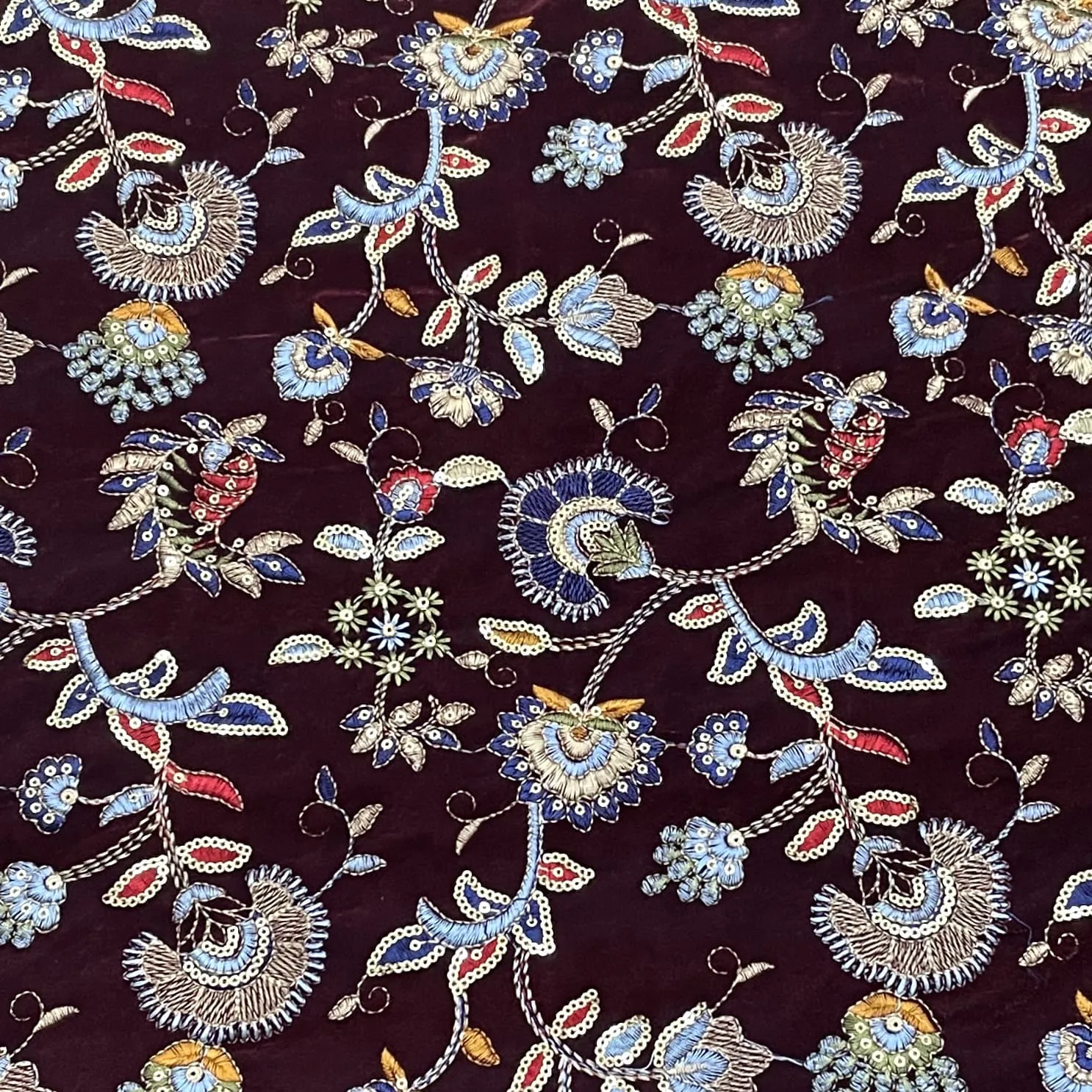 Classic Maroon Floral Sequins Embroidery Velvet Fabric