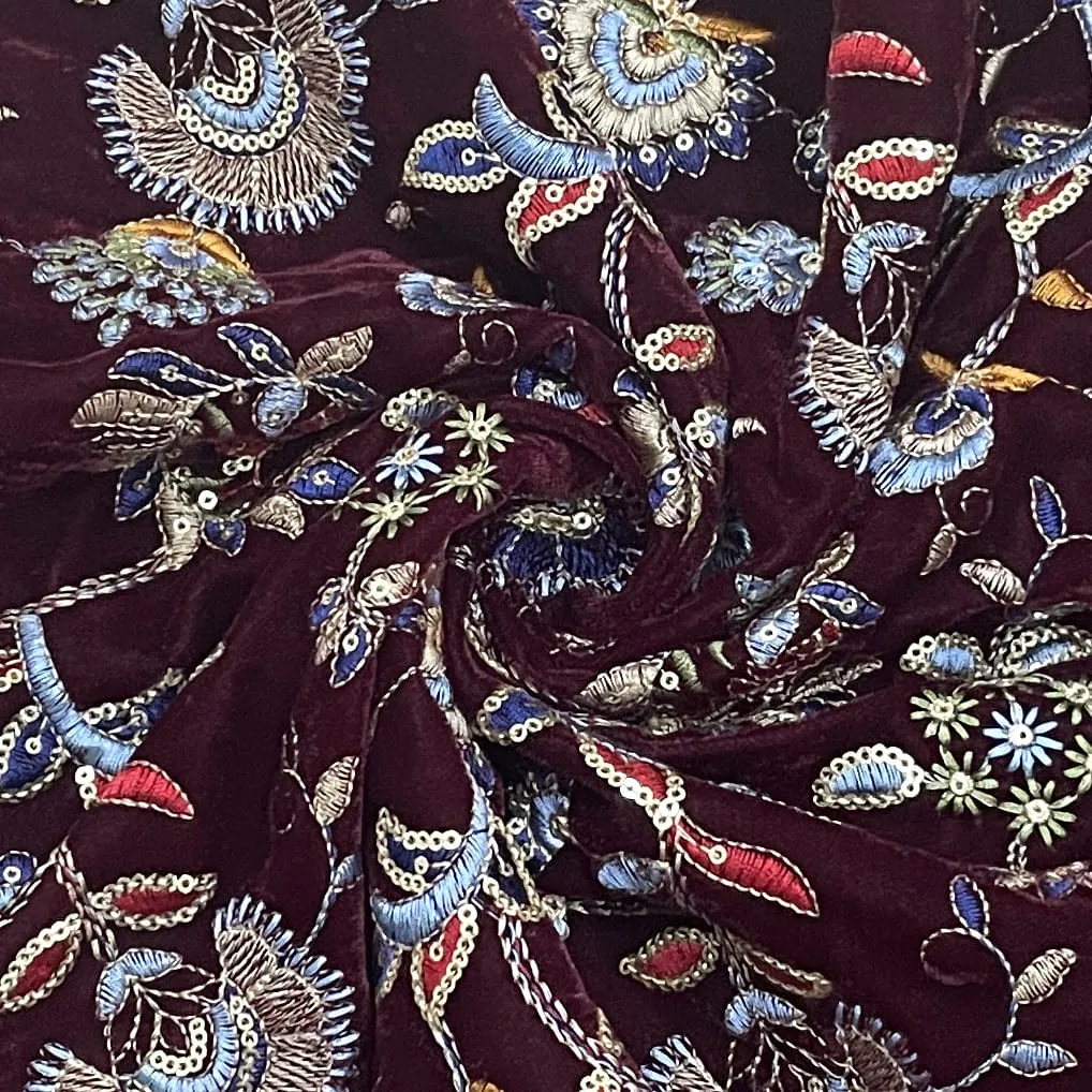 Classic Maroon Floral Sequins Embroidery Velvet Fabric