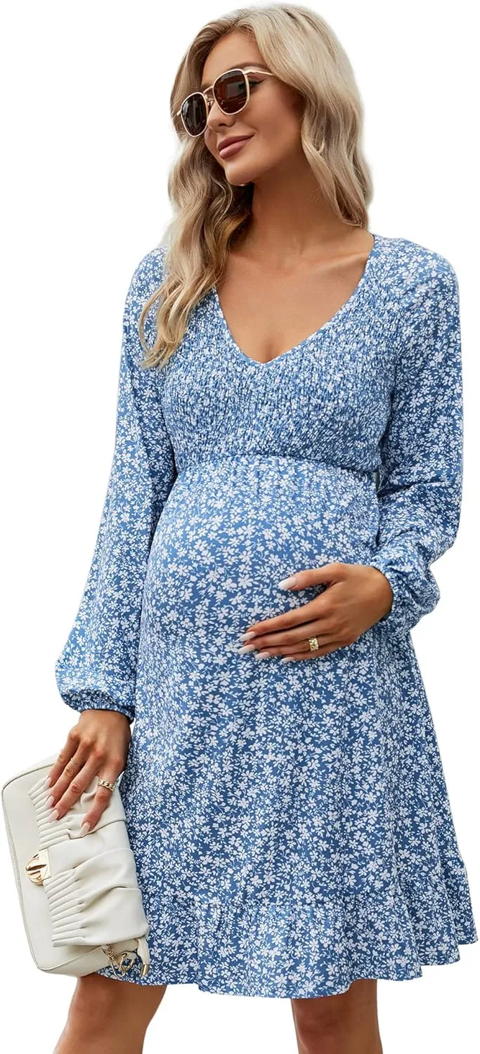 Coolmee Women's Maternity Short Sleeve Ruffle Dress V Neck Summer Casual Smocked Flowy Midi Dress for Baby Shower Photoshoot