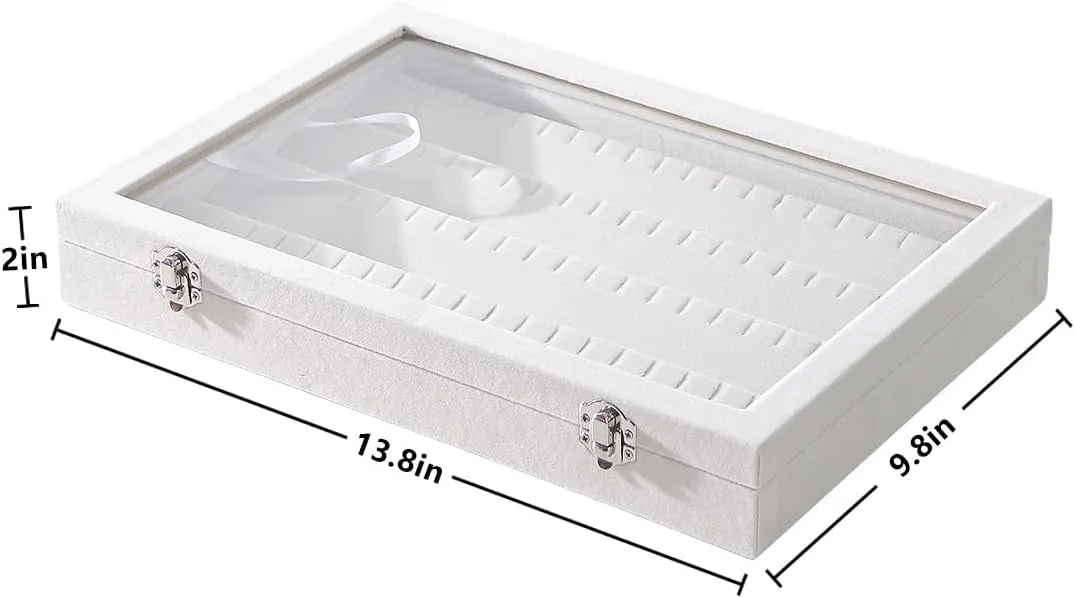 Coward Earring Organizer Tray Box, Beige Velvet Earring Jewelry Display Storage Tray Case with Transparent Glass Lid for Home Drawer or Shop Selling