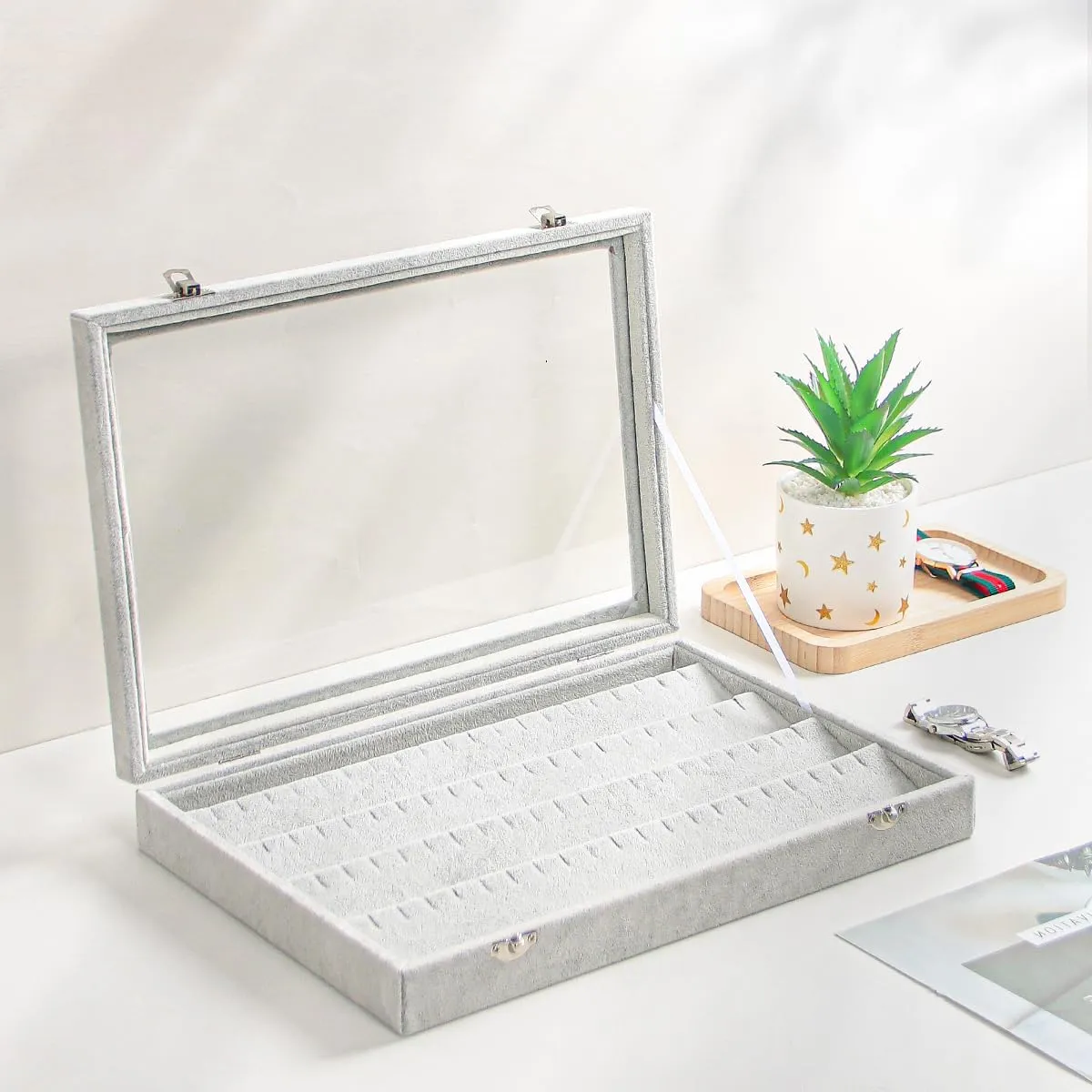 Coward Earring Organizer Tray Box, Grey Beige Velvet Earring Jewelry Display Storage Tray Case with Transparent Glass Lid for Home Drawer or Shop Selling