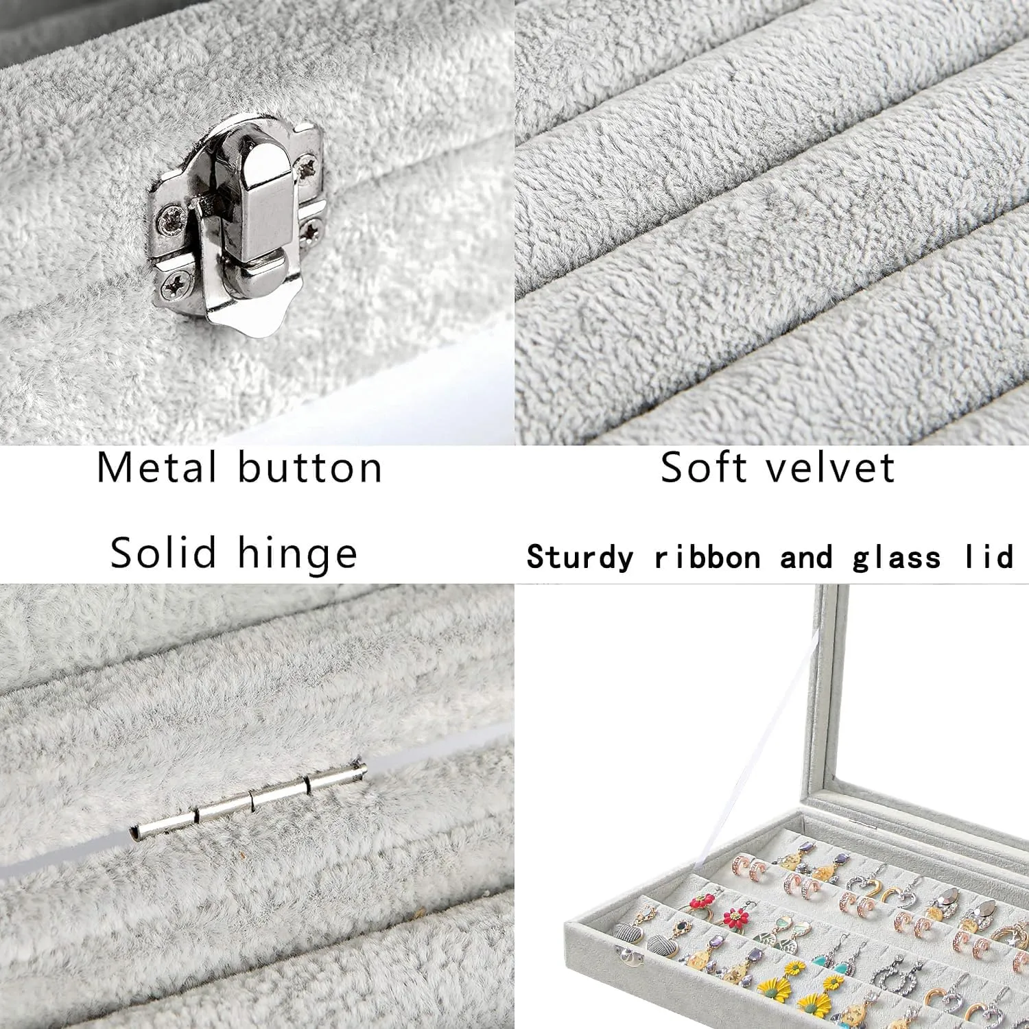 Coward Earring Organizer Tray Box, Grey Beige Velvet Earring Jewelry Display Storage Tray Case with Transparent Glass Lid for Home Drawer or Shop Selling