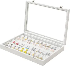 Coward Earring Organizer Tray Box, Grey Beige Velvet Earring Jewelry Display Storage Tray Case with Transparent Glass Lid for Home Drawer or Shop Selling