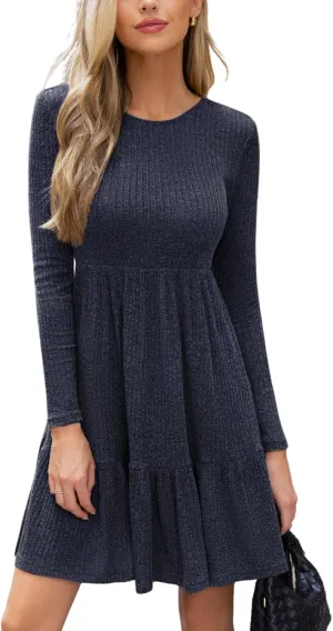 CUPSHE Fall Dress for Women 2025 Casual Round Neck Long Sleeve Knit Ruffled Fitted A Line Mini Spring Sweater Dress