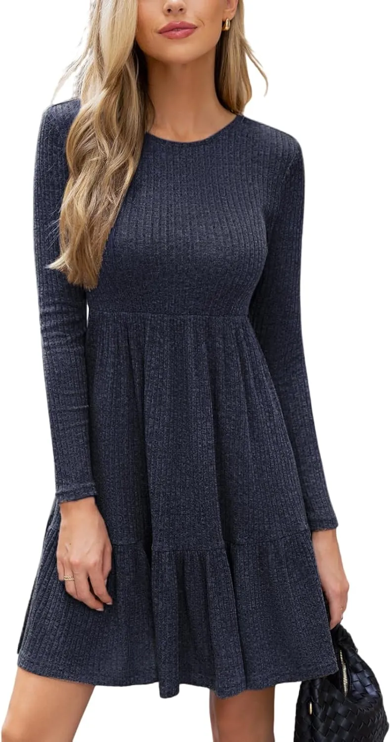 CUPSHE Fall Dress for Women 2025 Casual Round Neck Long Sleeve Knit Ruffled Fitted A Line Mini Spring Sweater Dress