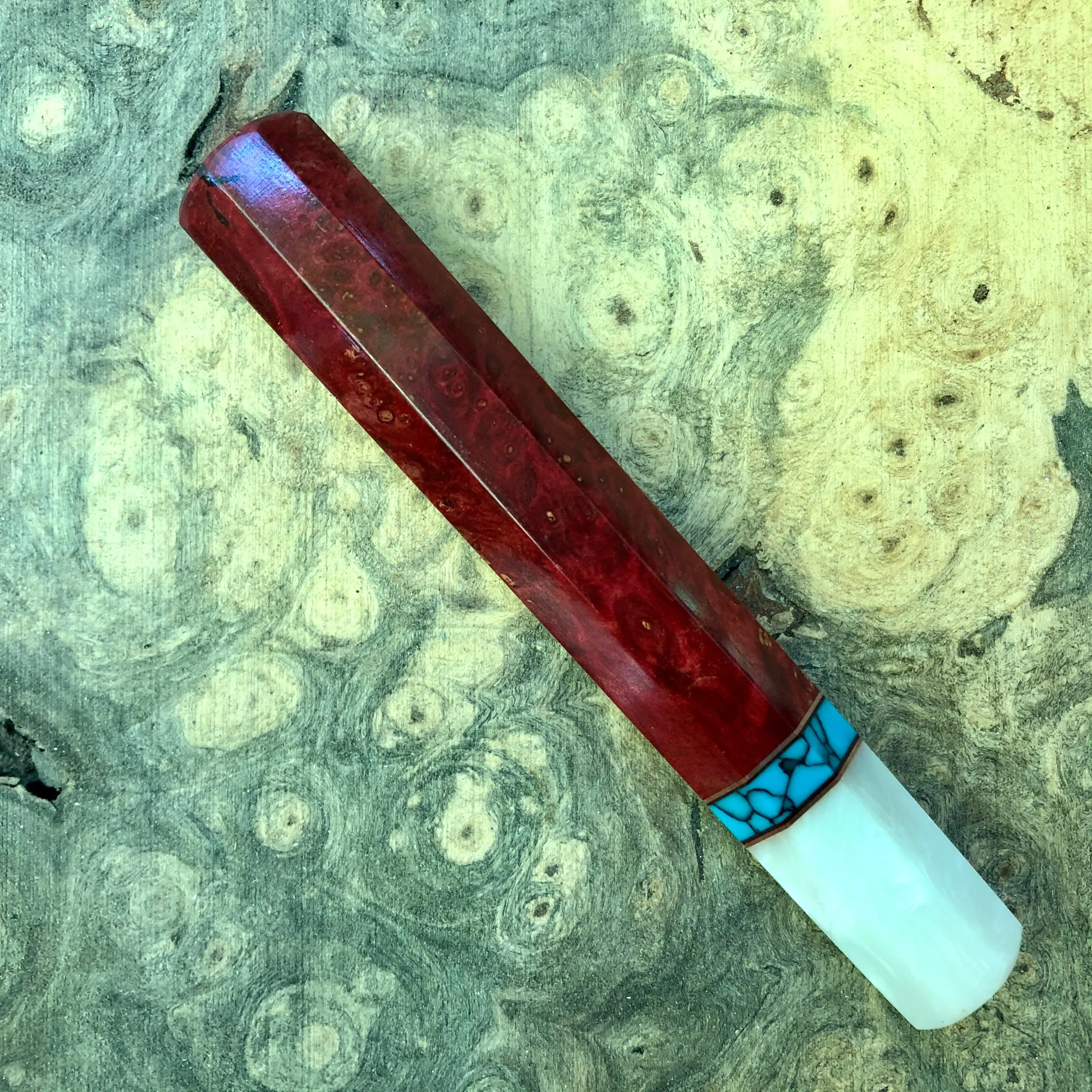 Custom Japanese Knife handle (wa handle) - Red dyed maple burl with turquoise