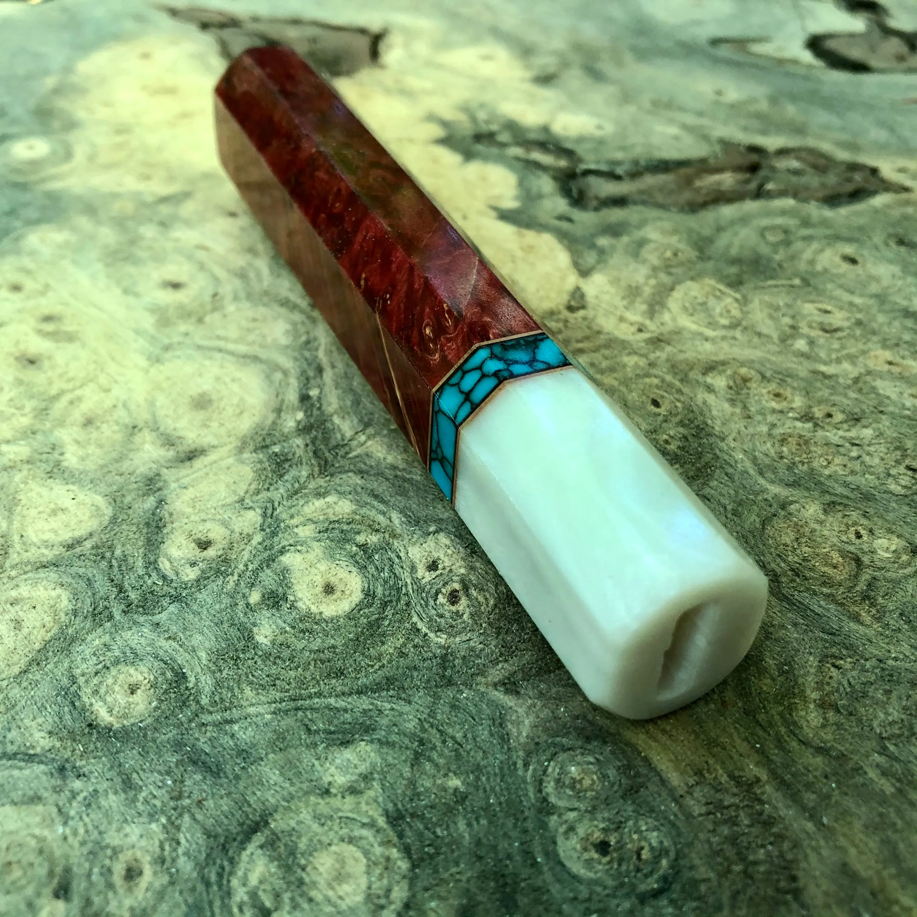 Custom Japanese Knife handle (wa handle) - Red dyed maple burl with turquoise