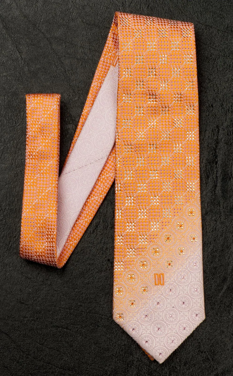 Daks Silk Neck Tie With Rhinestones Orange & White Checked With Silver Sparkles