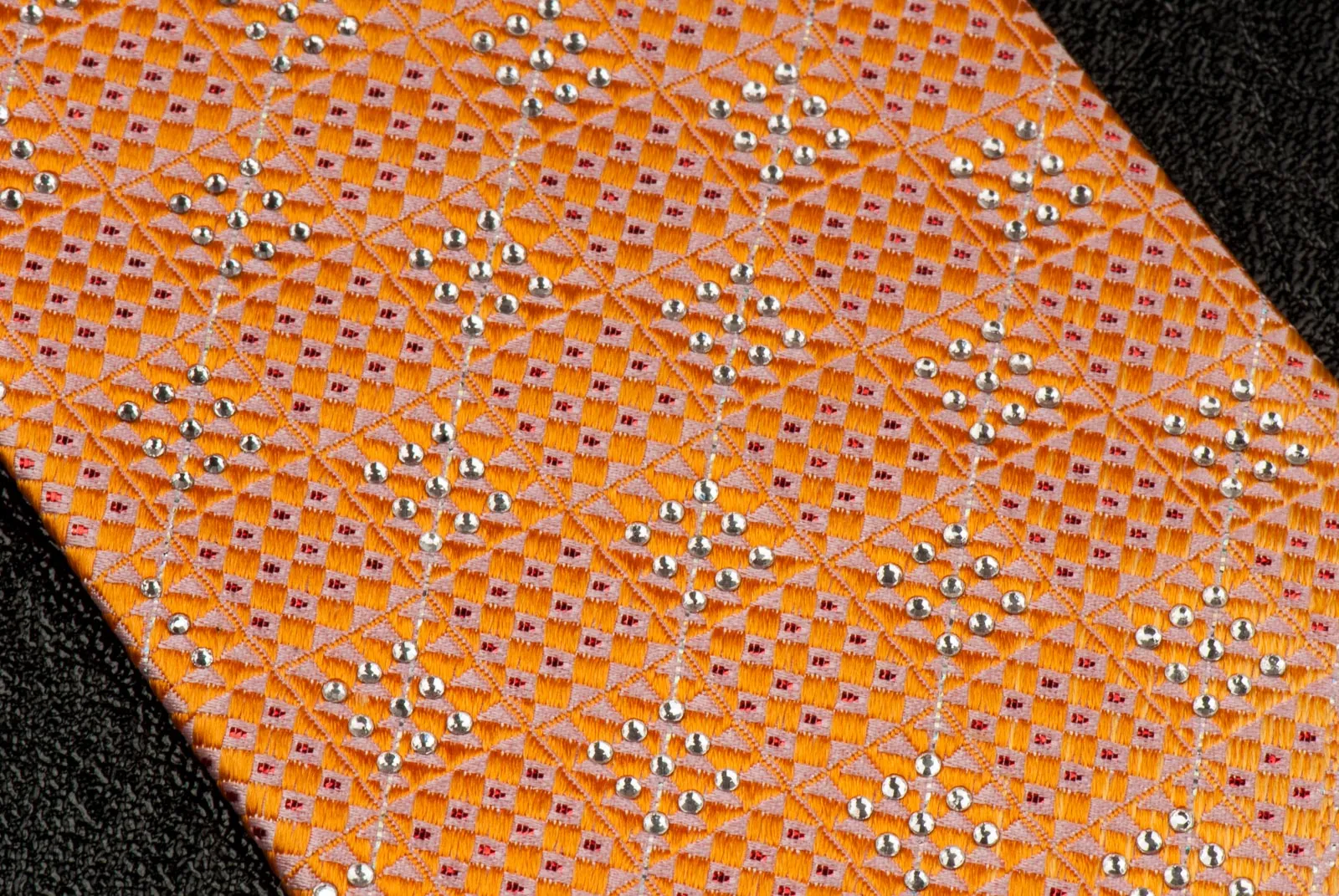 Daks Silk Neck Tie With Rhinestones Orange & White Checked With Silver Sparkles