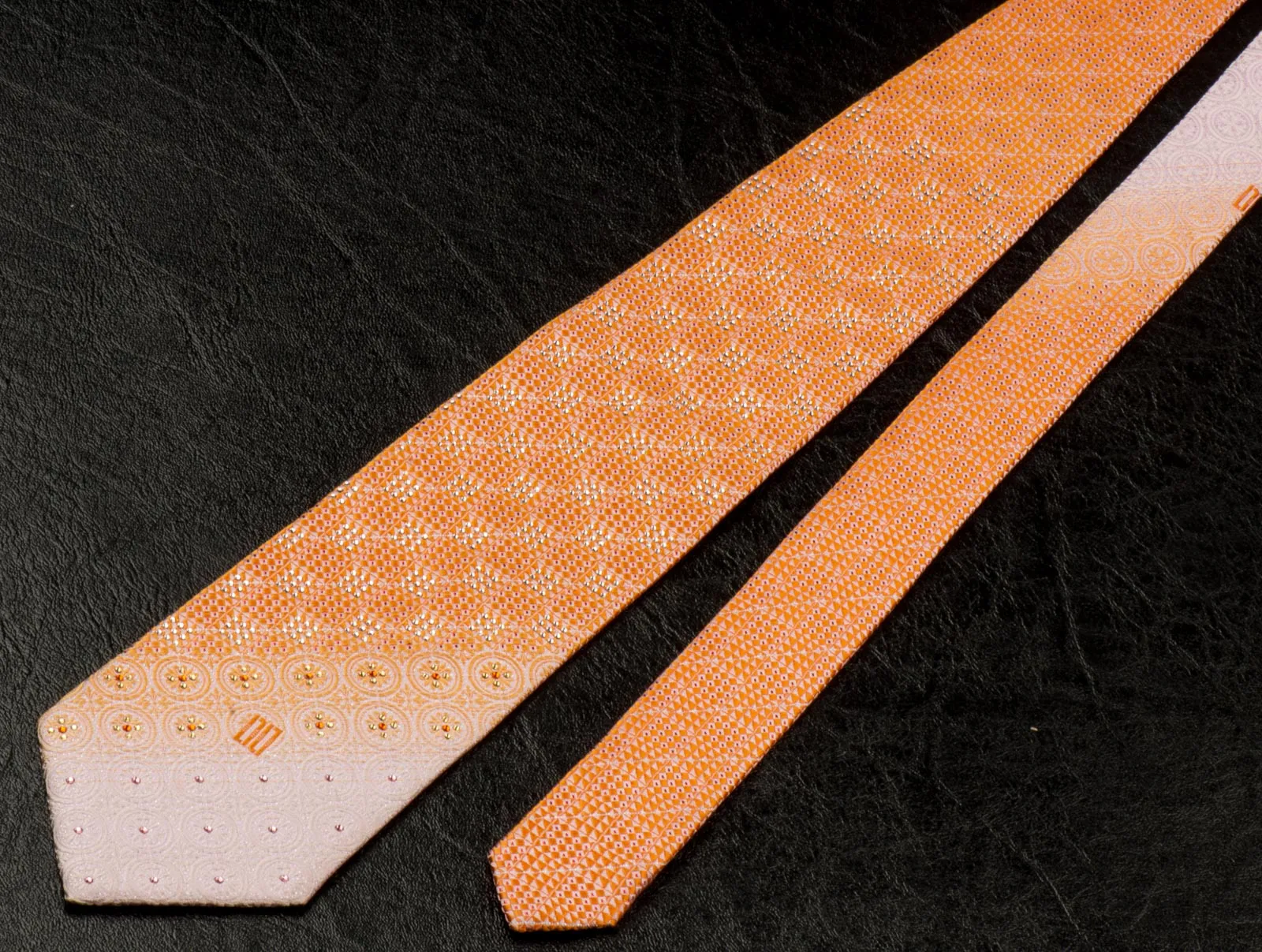 Daks Silk Neck Tie With Rhinestones Orange & White Checked With Silver Sparkles