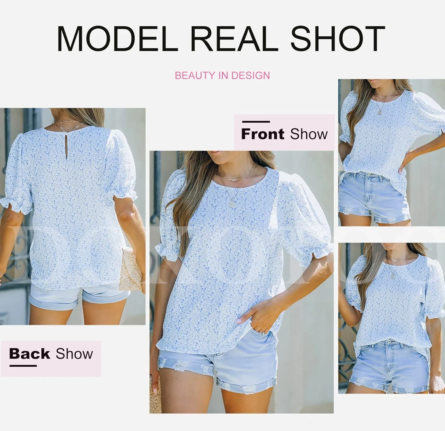 Dokotoo Floral Print Blouses for Women Crewneck Smocked Puff Sleeve Shirts Casual Babydoll Tops