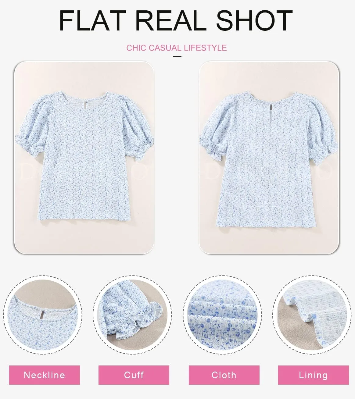 Dokotoo Floral Print Blouses for Women Crewneck Smocked Puff Sleeve Shirts Casual Babydoll Tops