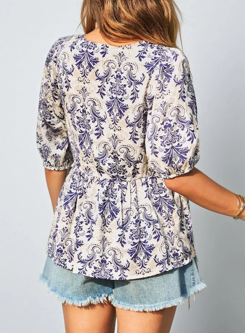 Dokotoo Summer Tops for Women Dressy Casual Business Crewneck Babydoll Peplum Puff Sleeve Shirts Tie Front Boho Blouses