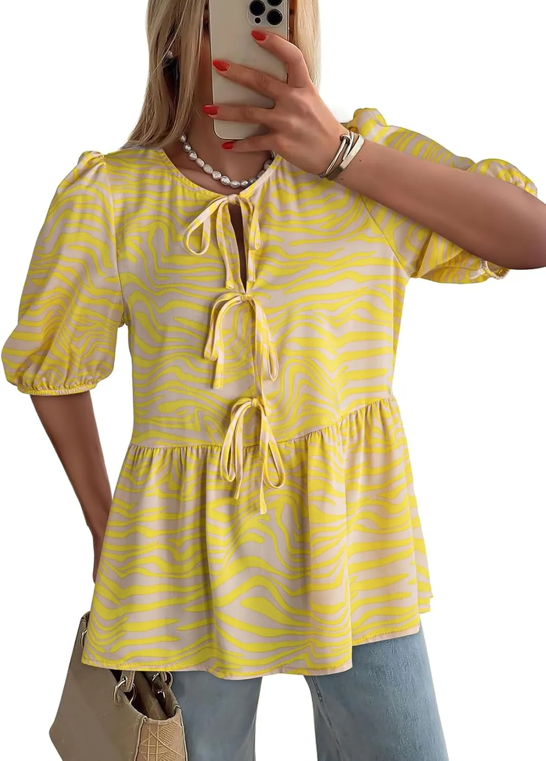 Dokotoo Summer Tops for Women Dressy Casual Business Crewneck Babydoll Peplum Puff Sleeve Shirts Tie Front Boho Blouses