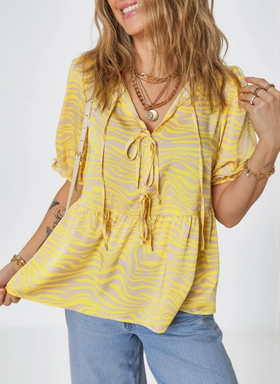Dokotoo Summer Tops for Women Dressy Casual Business Crewneck Babydoll Peplum Puff Sleeve Shirts Tie Front Boho Blouses