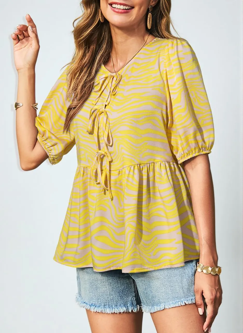 Dokotoo Summer Tops for Women Dressy Casual Business Crewneck Babydoll Peplum Puff Sleeve Shirts Tie Front Boho Blouses