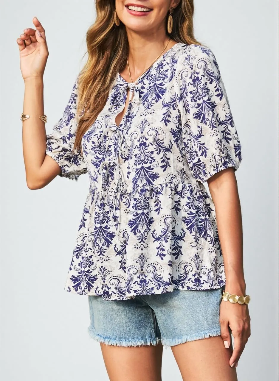 Dokotoo Summer Tops for Women Dressy Casual Business Crewneck Babydoll Peplum Puff Sleeve Shirts Tie Front Boho Blouses