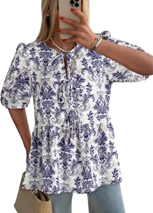 Dokotoo Summer Tops for Women Dressy Casual Business Crewneck Babydoll Peplum Puff Sleeve Shirts Tie Front Boho Blouses