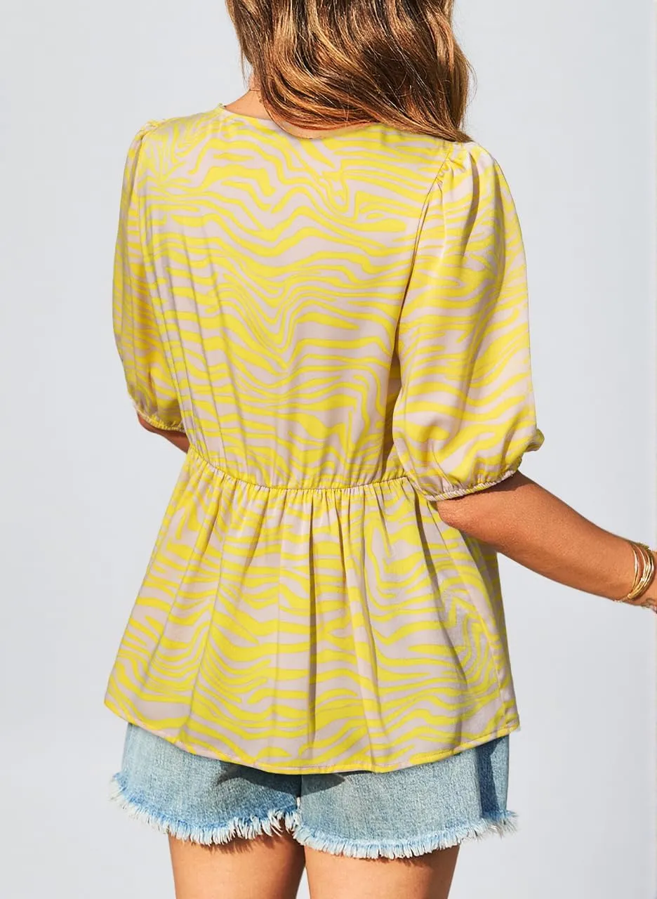 Dokotoo Summer Tops for Women Dressy Casual Business Crewneck Babydoll Peplum Puff Sleeve Shirts Tie Front Boho Blouses