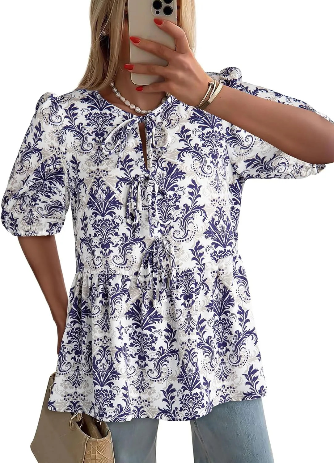 Dokotoo Summer Tops for Women Dressy Casual Business Crewneck Babydoll Peplum Puff Sleeve Shirts Tie Front Boho Blouses