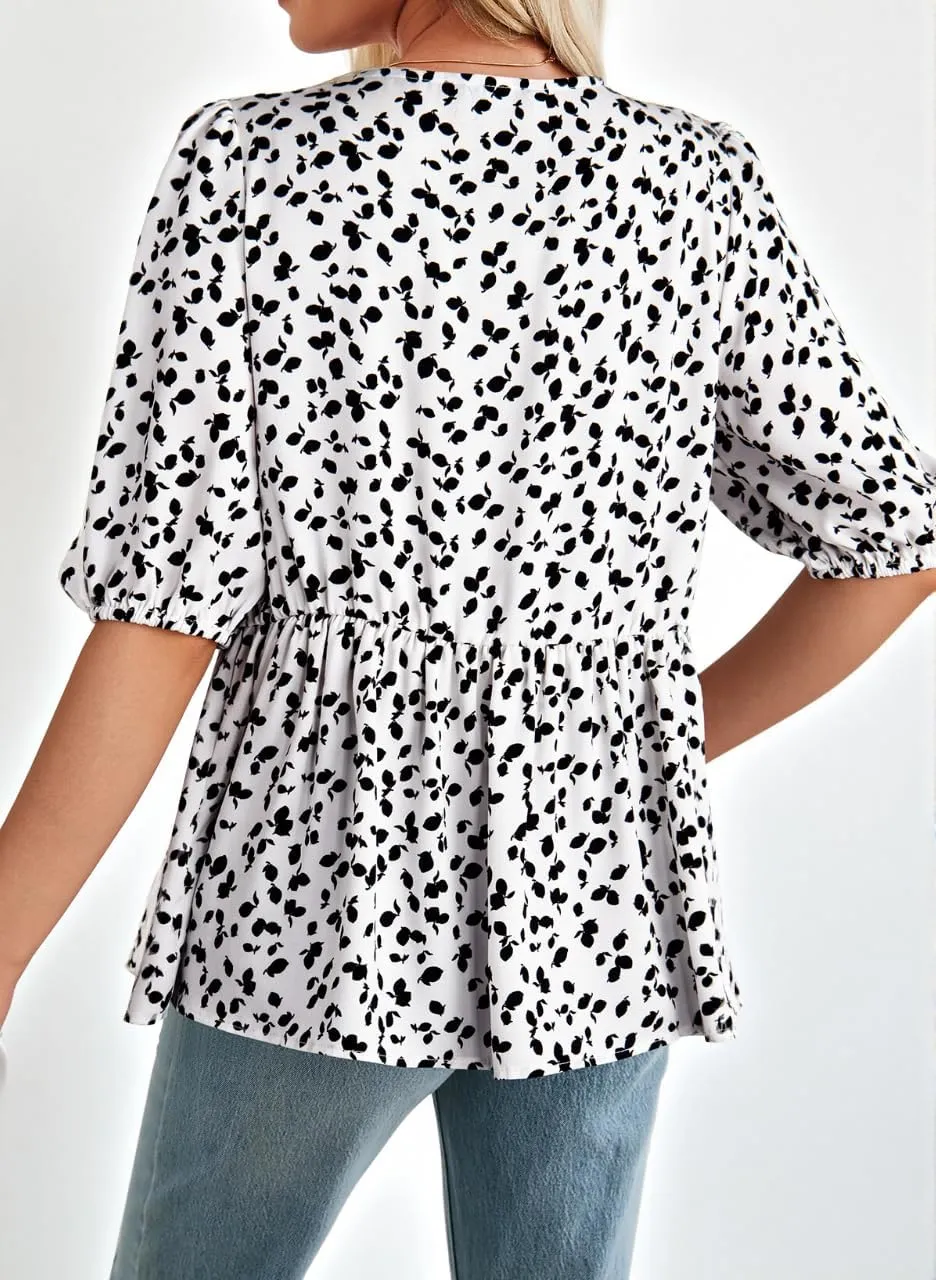 Dokotoo Summer Tops for Women Dressy Casual Business Crewneck Babydoll Peplum Puff Sleeve Shirts Tie Front Boho Blouses