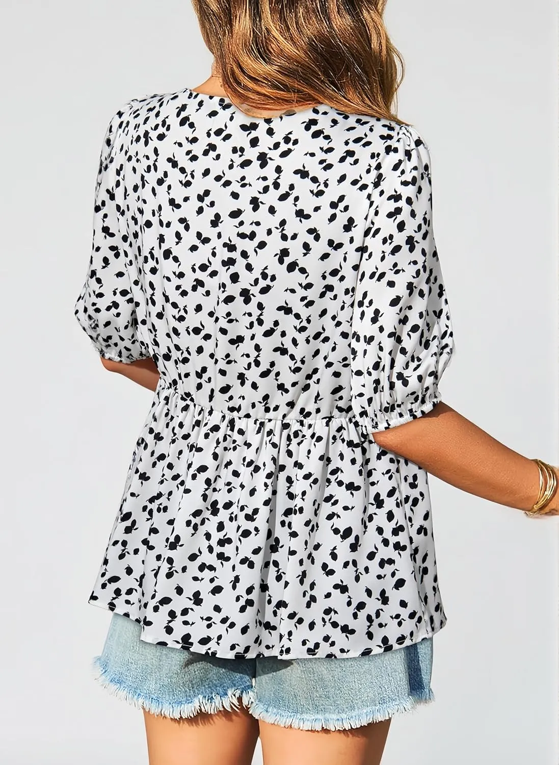 Dokotoo Summer Tops for Women Dressy Casual Business Crewneck Babydoll Peplum Puff Sleeve Shirts Tie Front Boho Blouses